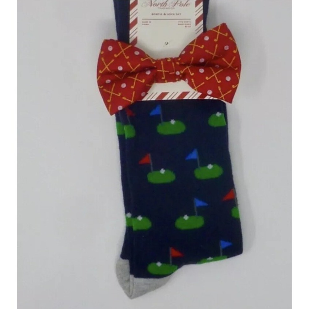 Mens Golf Clubs Bow Tie and Sock Set Red Navy Size 6-12 golf themed socks